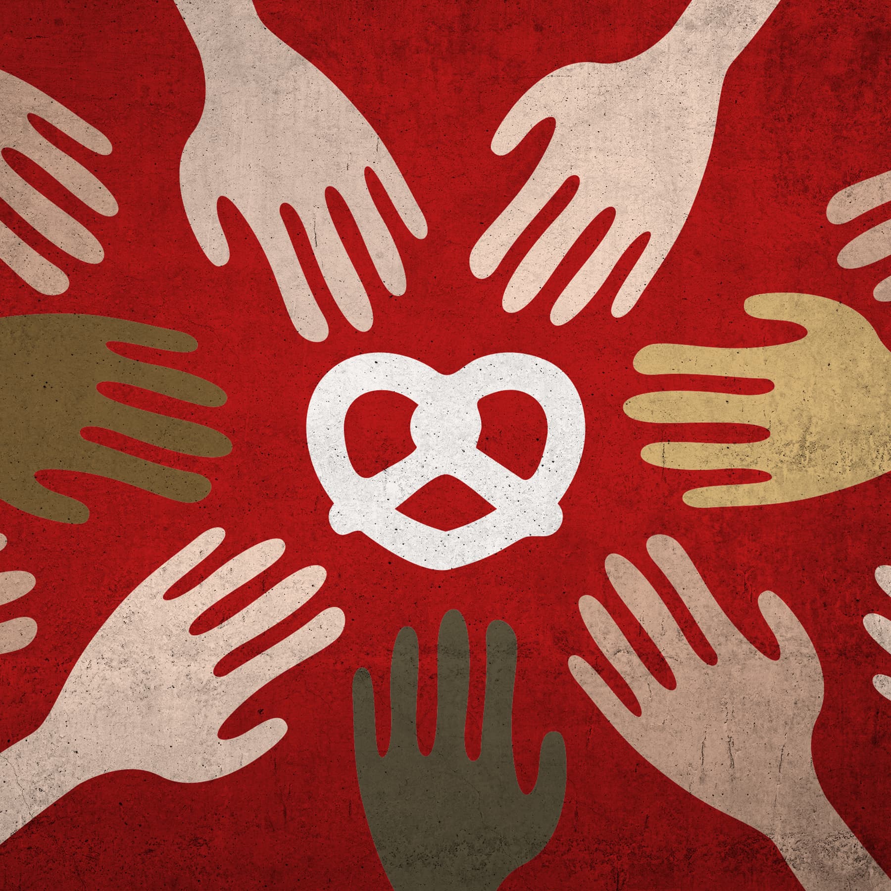 Grafik mit Brezen und Händen auf roter Wand